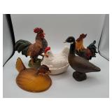 Rooster, goose, glass chicken and hen figures