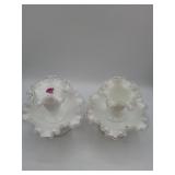 Fenton white ruffled glass compotes with sticker