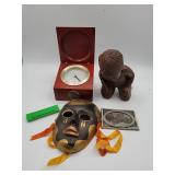 Compass, Bronze Kneeling Figure, Mask, Plaque, Whs