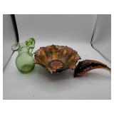 Green glass pitcher, carnival glass bowl