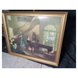Framed print with women, piano, grand staircase