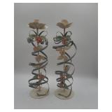 Pair metal floral spiral candlesticks