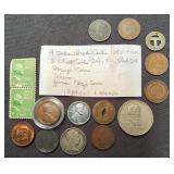 13 world coins with two US stamps