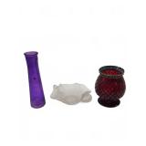 Purple Vase, Frosted Glass Dish, Red Glass Holder