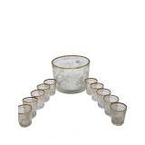Glass Punch Bowl with 8 Gold Rim Glasses