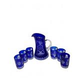 Cobalt Blue Cut Glass Pitcher with 6 Glasses