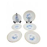 Five White Plates with Blue Floral and Gold Rim