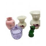 Five Decorative Items with Vases, Glass Owl