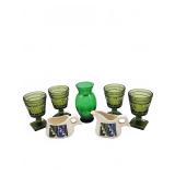 Green Glass Goblets, Vase, Ceramic Creamers