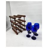 Wooden Wine Rack With Four Blue Glasses