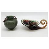 Green Art Glass Vase and Swirl Cornucopia Bowl