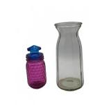 Pink Jar with Blue Lid and Clear Glass Carafe