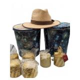 Straw Hat, Gift Tins, Gold Wrapped Candles
