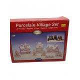 Porcelain Village Set with 3 Houses and Figures
