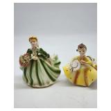 Girl Planter Figurines Green and Yellow Dresses