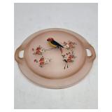 Pink Frosted Glass Tray with Bird and Flowers