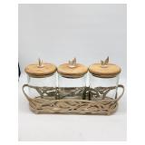 Glass Jars with Wooden Lids and Cast Iron Base