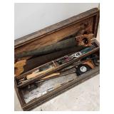 Wooden Tool Box with Saws and Hand Tools