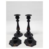 Black Metal Candlestick Holders with Floral Paint
