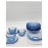 Blue Glass Cups with Plates and Bowls