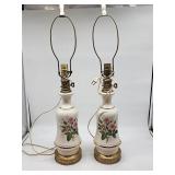Pair Porcelain Table Lamps with Pink Roses