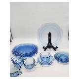 Blue Depression Glass Plates and Teacups