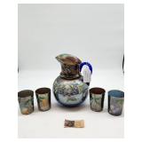 Fenton Glass Enameled Water Pitcher and glasses