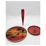 Two Decorative Trays and Red Tall Glass