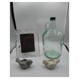 Glass Jug, Picture Frame and 2 Bird Candleholders
