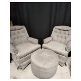 Pair Upholstered Armchairs with Ottoman