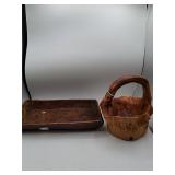 Wooden Burl Basket With Rectangular Wood Tray