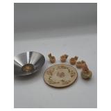 Stainless Dish with Coin, Chicken Figurines, Plate