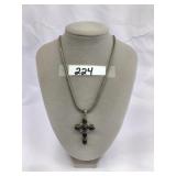 Heavy Onyx Sterling Silver Cross Pendant Necklace