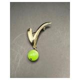 vintage gold-toned brooch, dangling green bead,