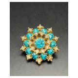 Vintage brooch clear and teal blue rhinestones