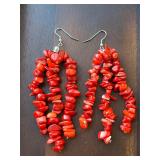 red coral chip beads in a triple-strand earrings