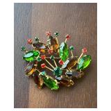 vintage colorful red, brown,  green brooch pin.