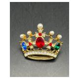 Crown brooch pin. Red blue green rhinestone