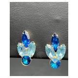 Vintage shades of blue rhinestone clip on earrings