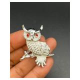 Vintage owl brooch, red rhinestone eyes.