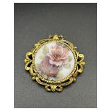 Vintage hand-painted floral porcelain brooch pin