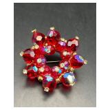 Vintage red AB cluster beads brooch pin.