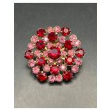 Vintage prong set pink and red rhinestones brooch
