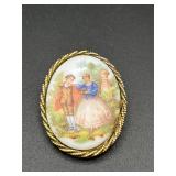 vintage brooch pendant, hand-painted Fragonard