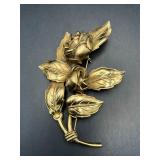 Large gold tone two flowers brooch pin