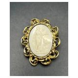 Vintage woman with birds brooch pin.