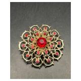 Vintage flower shapes red rhinestones brooch pin