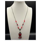 Vintage necklace with red white beads.