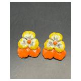 vintage clip-on earrings enamel pansy flower