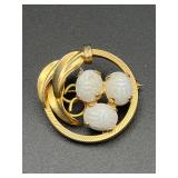 vintage brooch pin, three milk glass scarab.